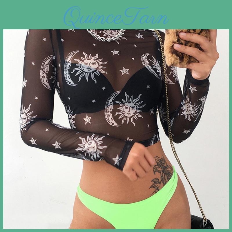 Women Tops Sexy Mesh Harajuku Long Sleeve See Through T Shirt Transparent Sun Moon Star Print Tshirt Femininas Clubwear