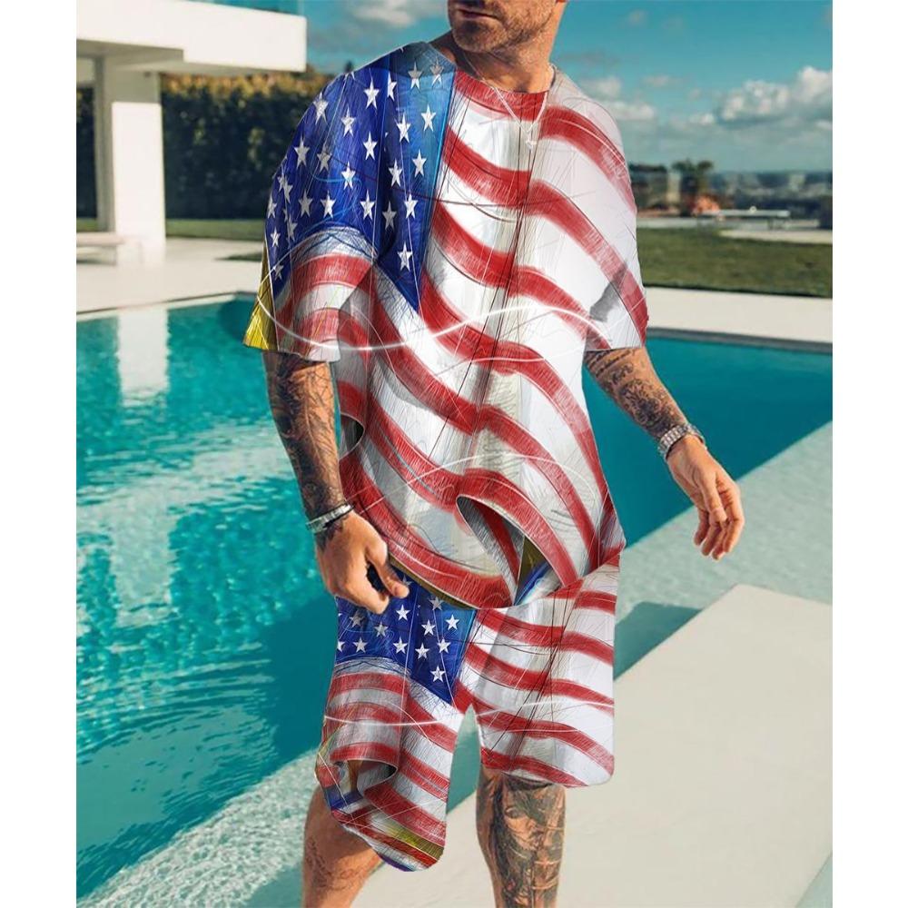New Vintage Style Men's Beach Shorts Set 3D USA Flag Print Short Sleeve T-shirt+Shorts 2 Pcs Set Summer Oversized Tracksuit Suit