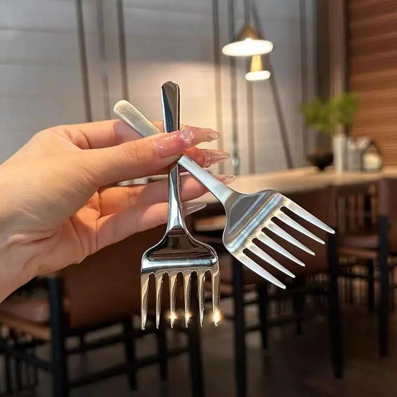 Creative Korean Single Handle Six-tooth Stainless Steel Dessert Fork Fruit Fork Portable 304 Stainless Steel Cake Fork