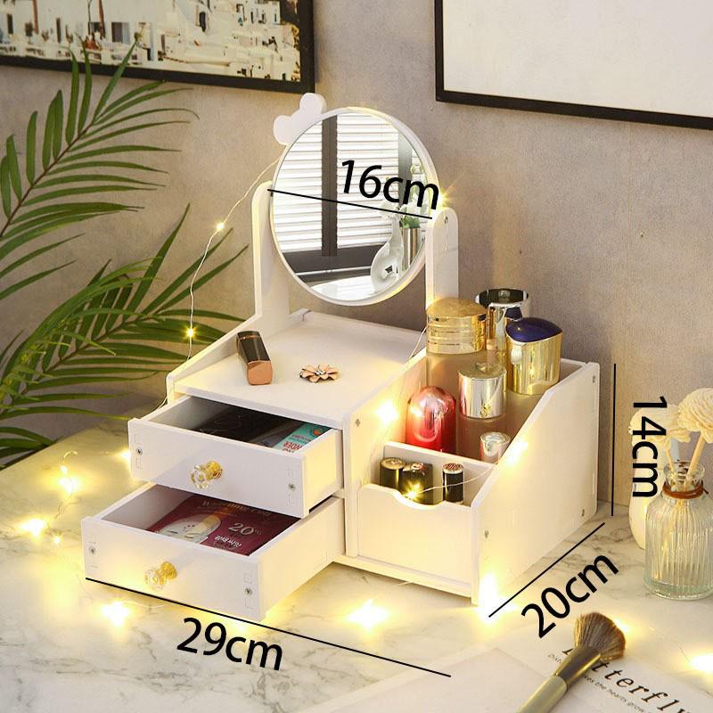 Zrcátko na make-up na stůl s velkou kapacitou a úložný box na kosmetiku se zásuvkami na rtěnky, šperky a péči o pleť