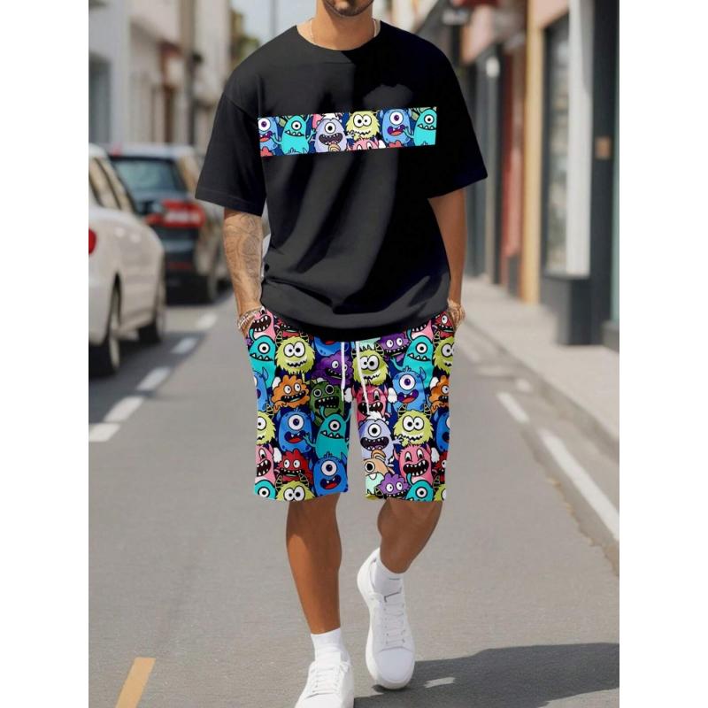 Traje de Moda Estampado 3D de Coco Hawaiano Cuello Redondo para Hombre Casual Diario Manga Corta y Pantalones Cortos Traje de Moda Urbana Harajuku