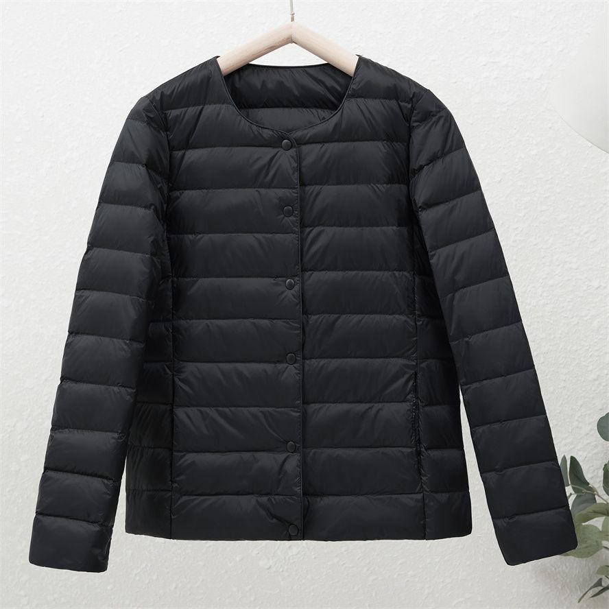 Women's 90% White Duck Down Lightweight Short Jacket - Round Neck, Solid Color, Warm and Collarless for Autumn/Winter