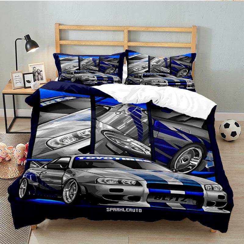 Set Biancheria da Letto 3 Pezzi Skyline Blue Racing Spirit Speed Style, per 1 Copripiumino e 2 Federe Perfetto come Regalo per Fan, Ideale per Camera da Letto, Dormitorio