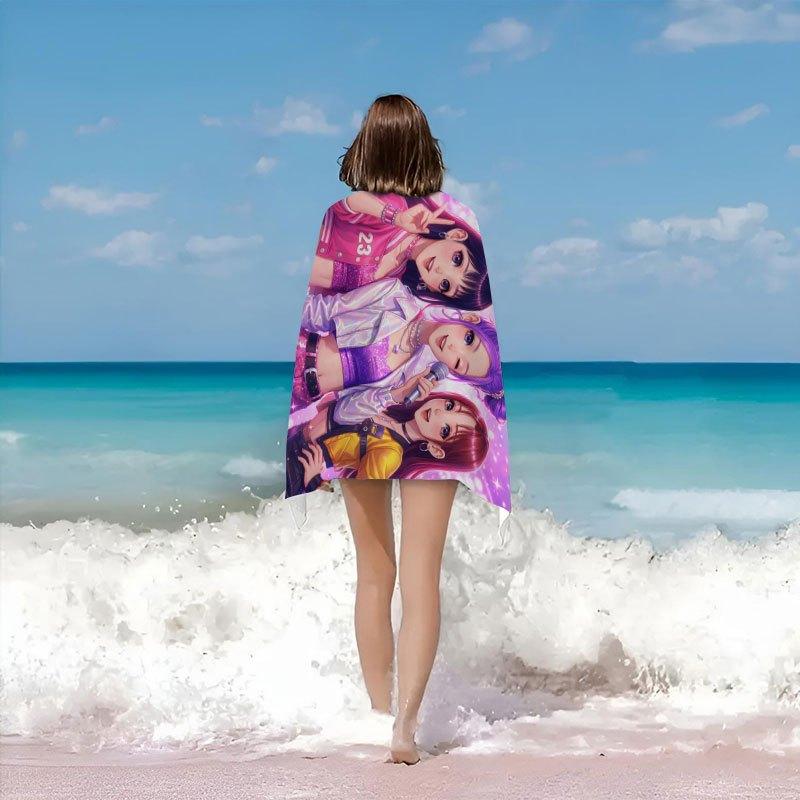 K-Pop Stil Strandtuch mit Lila-Pinkem Farbverlauf Sternenlicht und Girlgroup Geeignet für Strandurlaub Sommergeschenk für Freunde