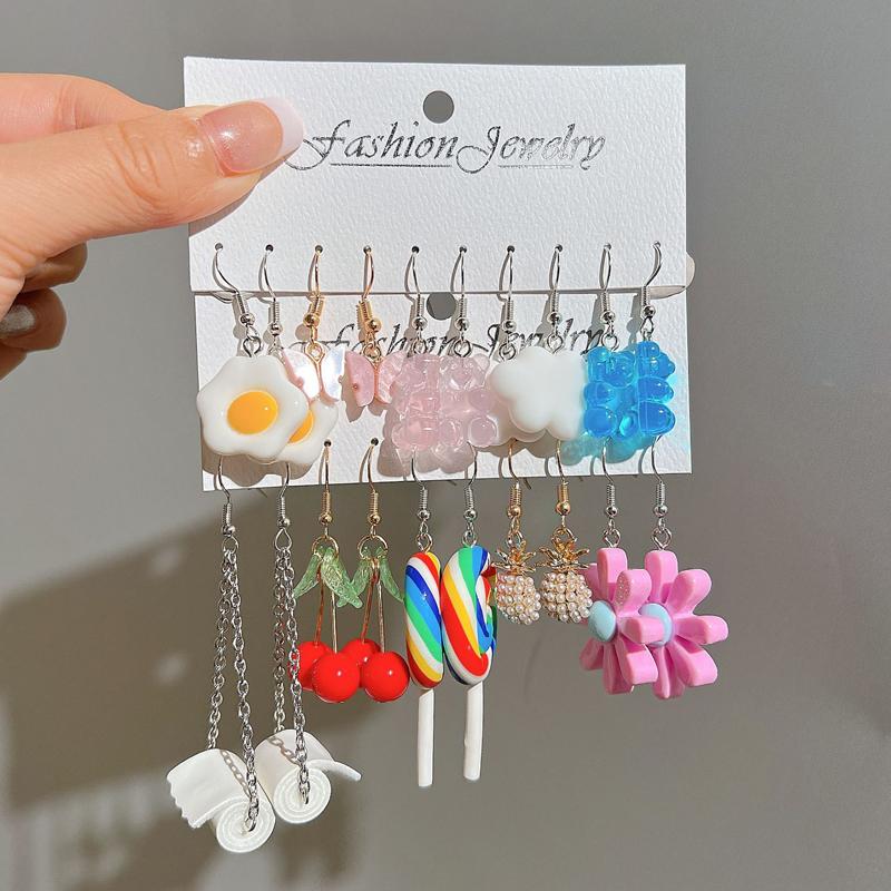 New Cute Cartoon Animal Fruit Earrings Set for Women Girl Simulated Resin Acrylic Food Drink Icecream DIY Dangle Earring Jewelry