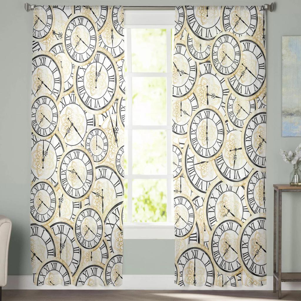 Květinové tylkové závěsy s hodinami pro obývací pokoj Průhledný závěs pro okno ložnice Žaluzie Voile závěsy