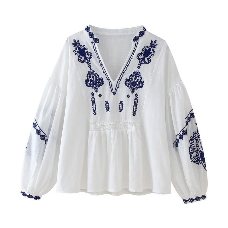 Spring and Autumn Women's Plus Size Shirt Street Fashion Casual Beaded Embroidery Long Sleeve Top