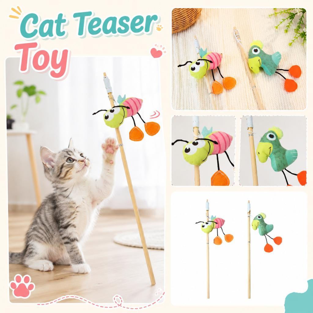 Cartoon Animal Cat Teaser Wand Durable Chew Toy with Catnip Plush Interactive Play Stick for Cats