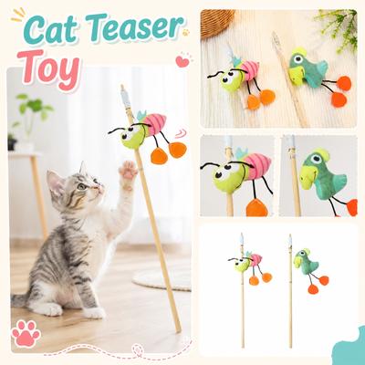 Cat Teaser Toy with Plush Insect Design On Wooden Stick Interactive Cat Wand for Chewing and Play with Catnip Attachment
