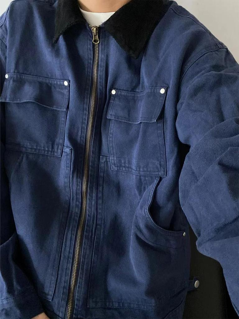Men's Retro Blue Detroit Workwear Jacket - Heavyweight Spring/Autumn Color Block Lapel Outerwear