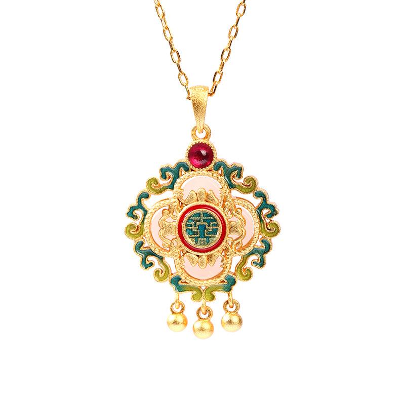 Guochao Style Four-Leaf Clover Pendant Necklace: Elegant Enamel & Hetian Jade Design for Women