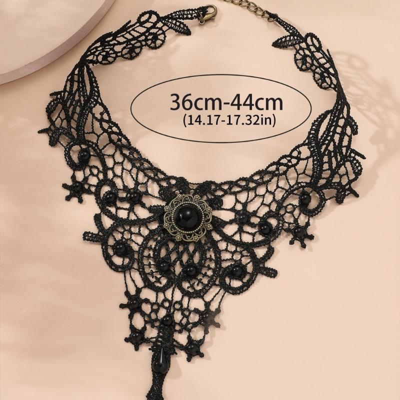 Gothic Lace Choker Necklace with Crystal for Women Girls Halloween Cosplay Party Custume Vintage Thick Choker Gifts