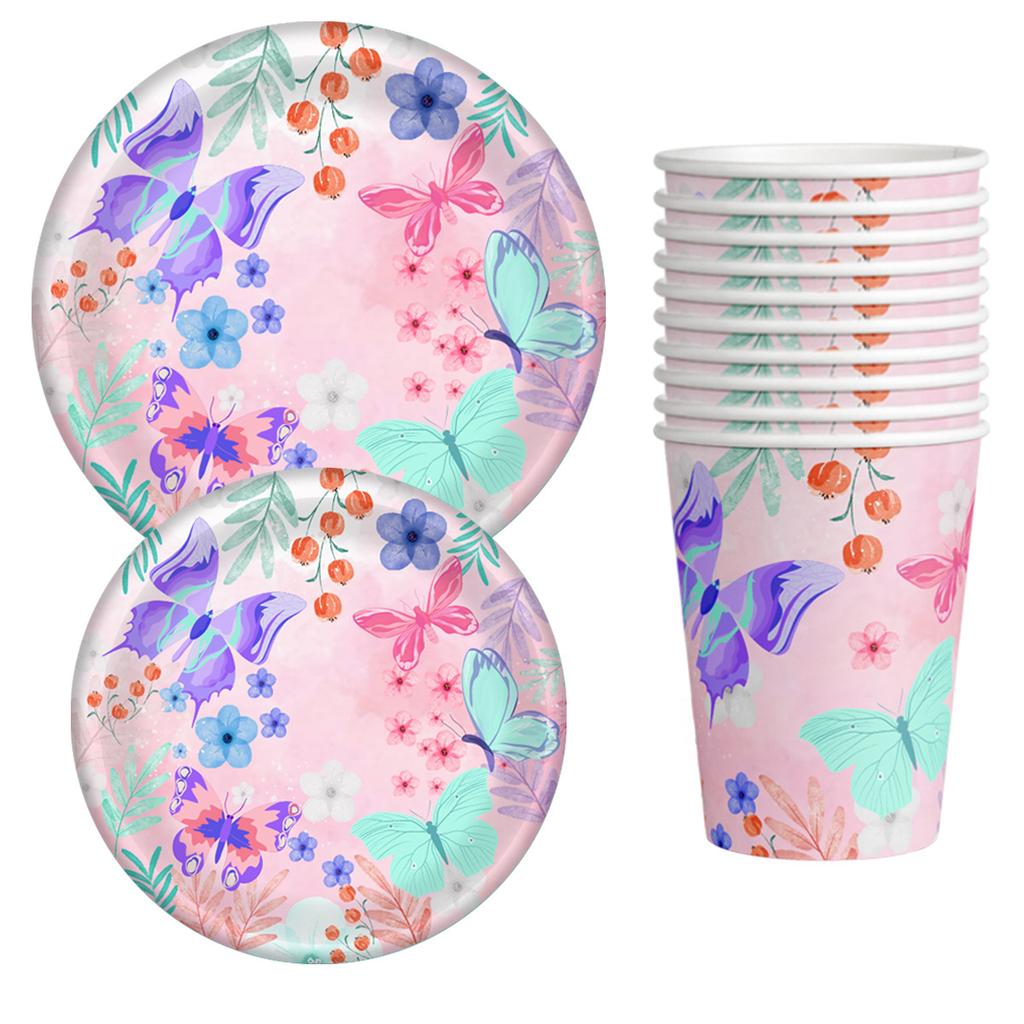 Spring Children'S Girl Birthday Party Decoration Butterfly Theme Paper Cup Paper Plate Knife Fork Spoon Set