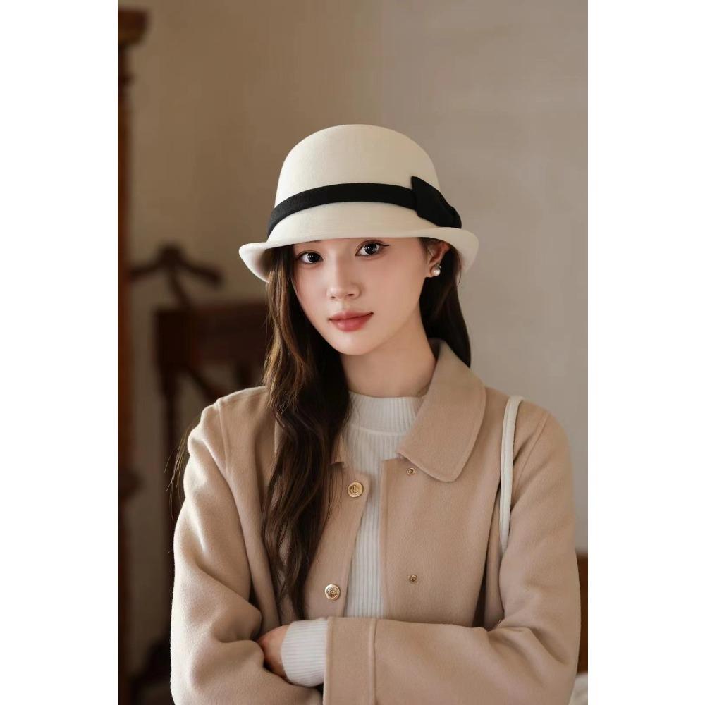 Hepburn wind warped edge small brim wool small pot hat bow decoration British versatile top hat autumn and winter bucket hat women