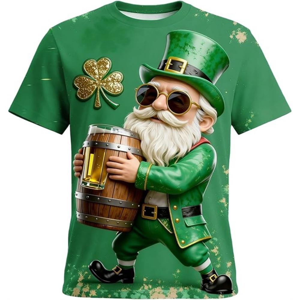 Men's Fashion Short-Sleeve Crew Neck Top 3D Printed Lucky Four-Leaf Clover Green T-Shirt