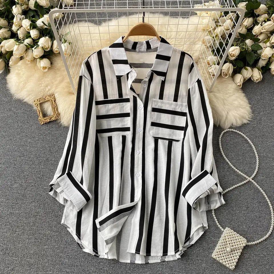 2026 Korean Style Women s Casual Mid-Length Multicolor Striped Shirt Jacket S чёрный