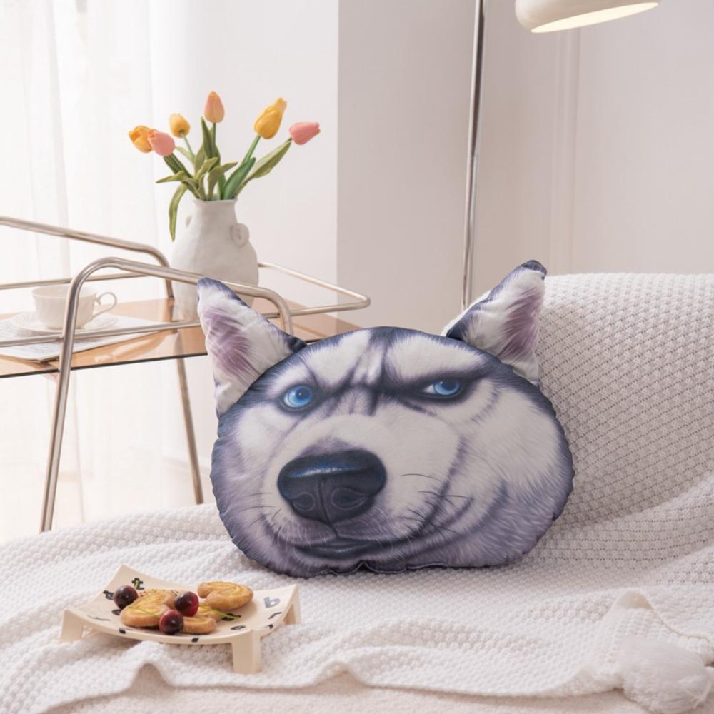 Realistic Animal Head Throw Pillow Crystal Velvet Car Seat Cushion Multipurpose Siberian Husky