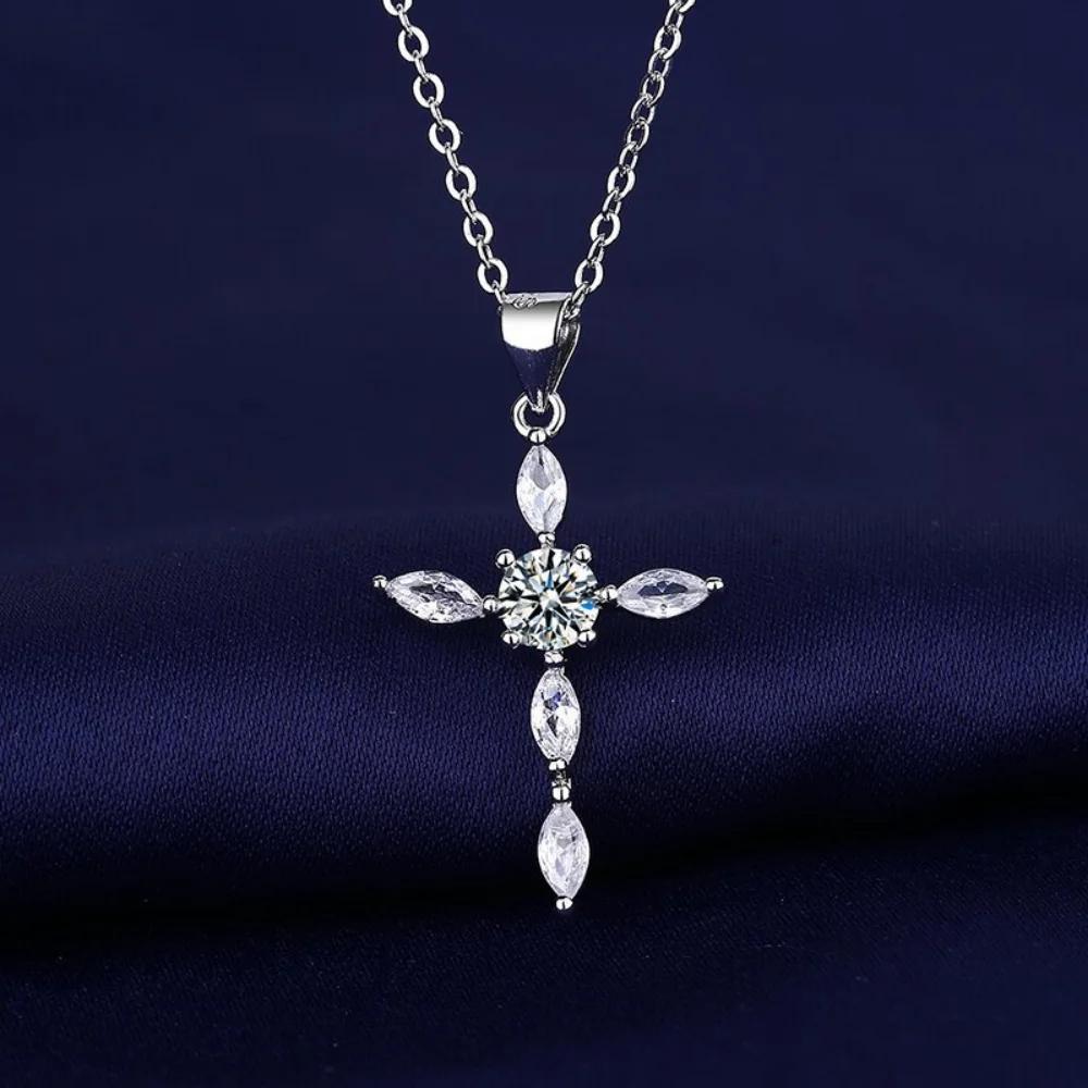 925 Sterling Silver Simple Fashion Cross Love Pendant Zircon Necklace Birthday Anniversary Party Gift