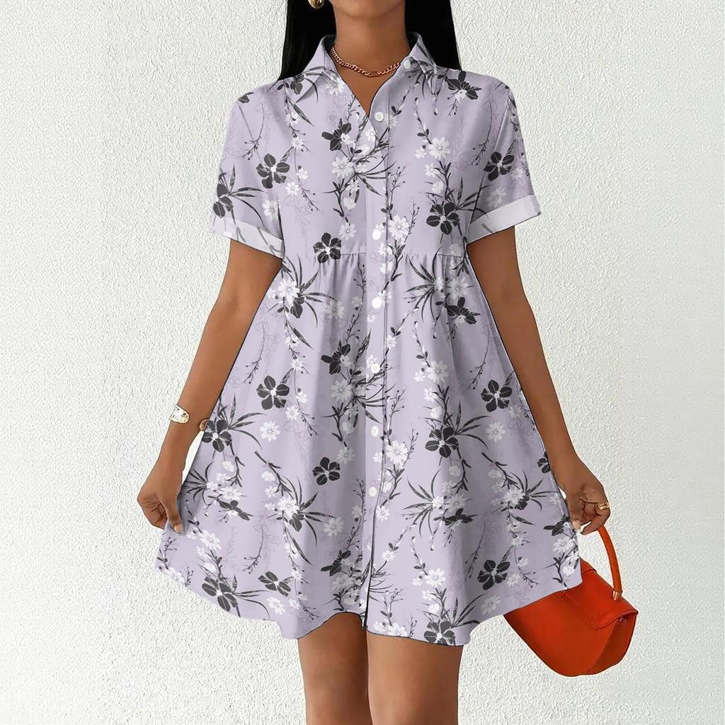 Casual Loose Fit Shirt Dress for Women Button Front Short Sleeve Collared Dress with Printed Hemline Border Design