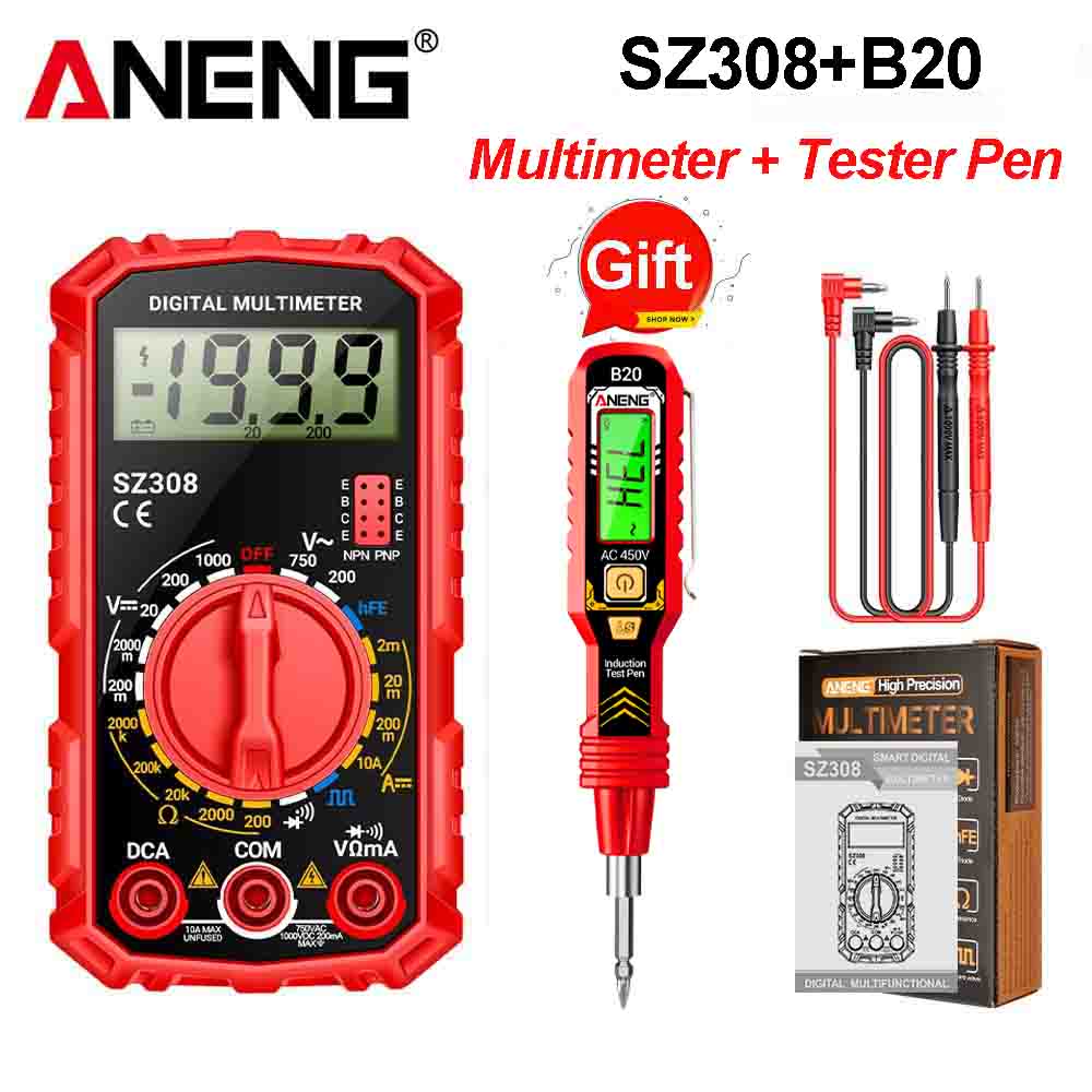 New ANENG SZ308 Digital Multimeter and B20 Test Pencil Set AC/DC Current Meter Voltage Resistance Meter Electrician LCD Backlight Ohm Square Wave Test