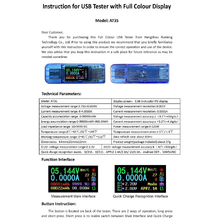 AT35 5 digits USB 3.0 color LCD Voltmeter ammeter voltage current meter multimeter battery charge power bank USB Display Tester