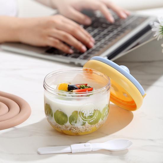 Portable Salad Bowl with Built-In Fork & Lid 600ml Double-Layer Plastic Jar for Overnight Oats Fruit Meal Prep Snack Container for Gym Picnic Office