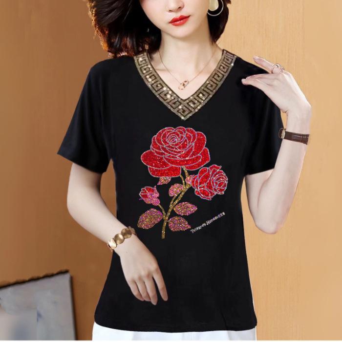 Tops Trendy Mothers Wear Hot Diamond V-neck Short-sleeved T-shirt Women's Summer Ladies Large Size Bottoming Shirt