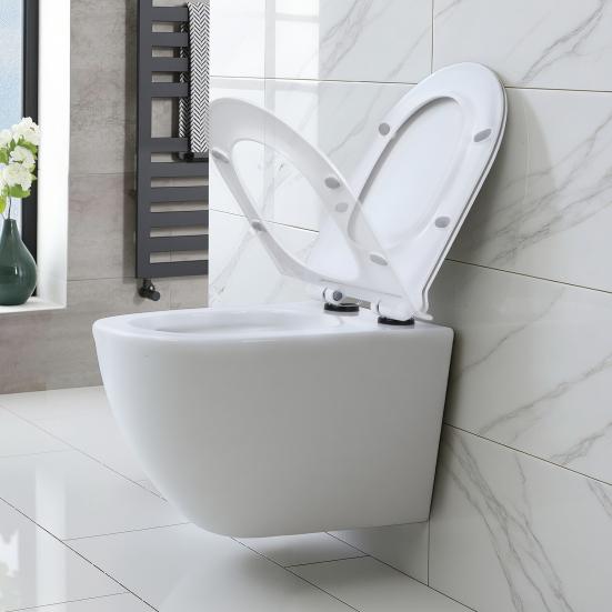 Rimless Wall Hung Toilet, Wall Mounted Toilet Bowl with Soft Closing Seat, Space Saving Round Floating Toilet with 360-degree Single Hole Super Swirl