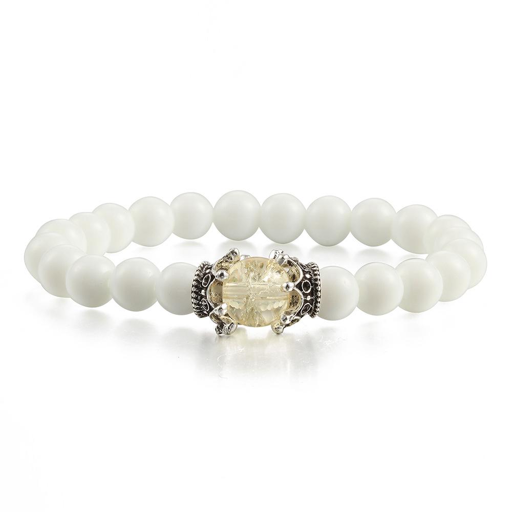 Gold  Silver Double-Sided Crown Beaded Bracelet with White Porcelain Beads  10mm Floral Stone