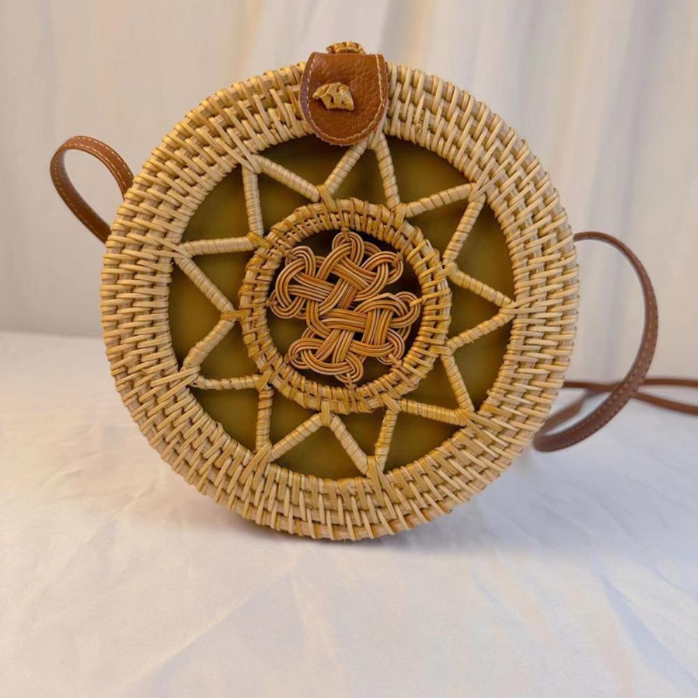 Ethnic Style Rattan Weave Bag Bohemian Round Crossbody Bag Retro Beach Bag  Picnic