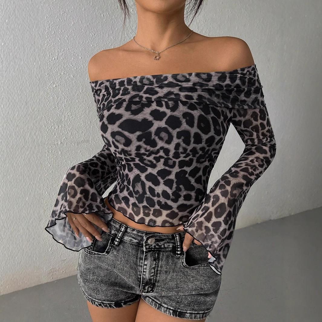2026 Sexy Semi-Sheer One-Shoulder Leopard Print Top for Women - Spring & Autumn Fashion S чёрный