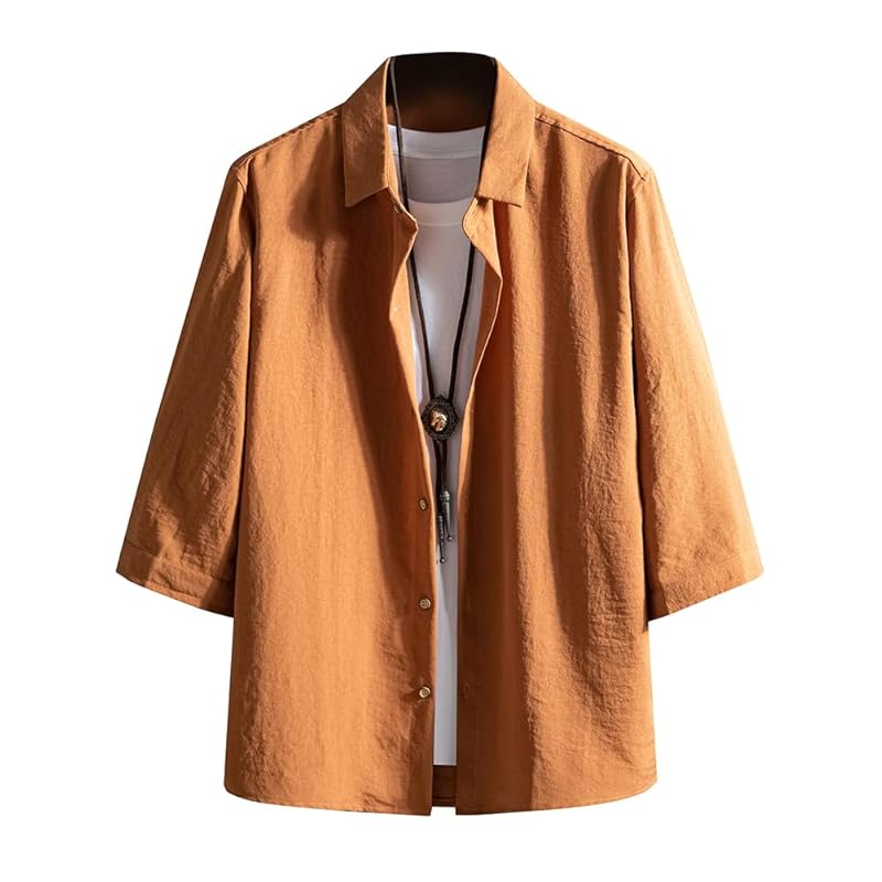 

[FUZHIHUA] shirt men s 3/4 sleeve summer clothes fashion button up large size Plain color soft casual simple fashionable Popularity