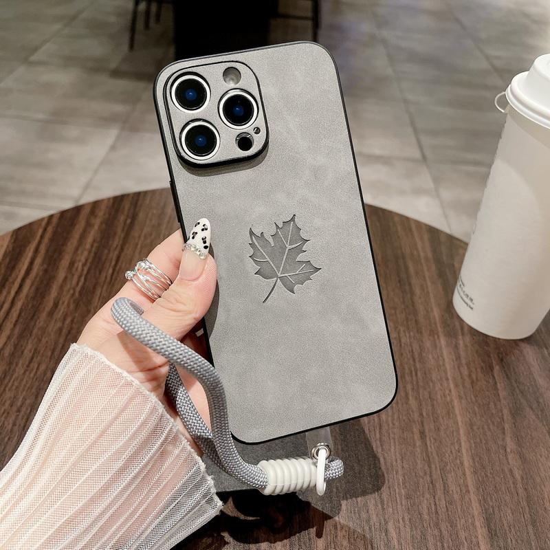 Kryt na telefon s motivem javorového listu, měkký, s šňůrkou, pro iPhone 16 Plus 15 Pro 14 Pro Max 13 12 11, jednobarevný, kožený, nárazuvzdorný, tenký, matný zadní kryt
