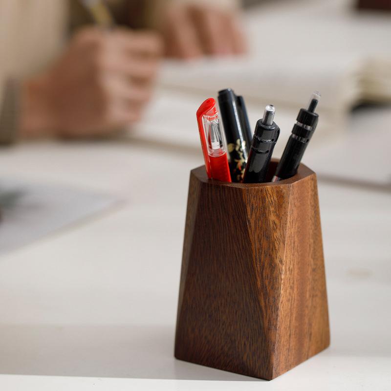 Black Walnut Polished Pen Holder - Wooden Desktop Storage Box Desk Accessories Organizer Stationery Container