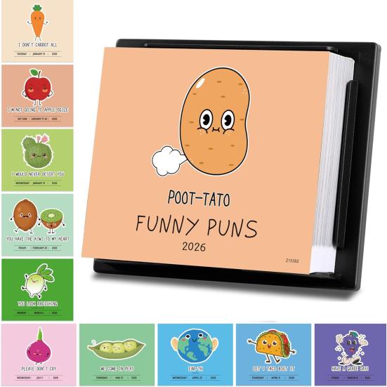 2026 Funny Puns Daily Calendar 365 Days of Laughs Portable Desk Calendar with Easel Backing Cute Pictures Tear-Off Pages Gag Gifts