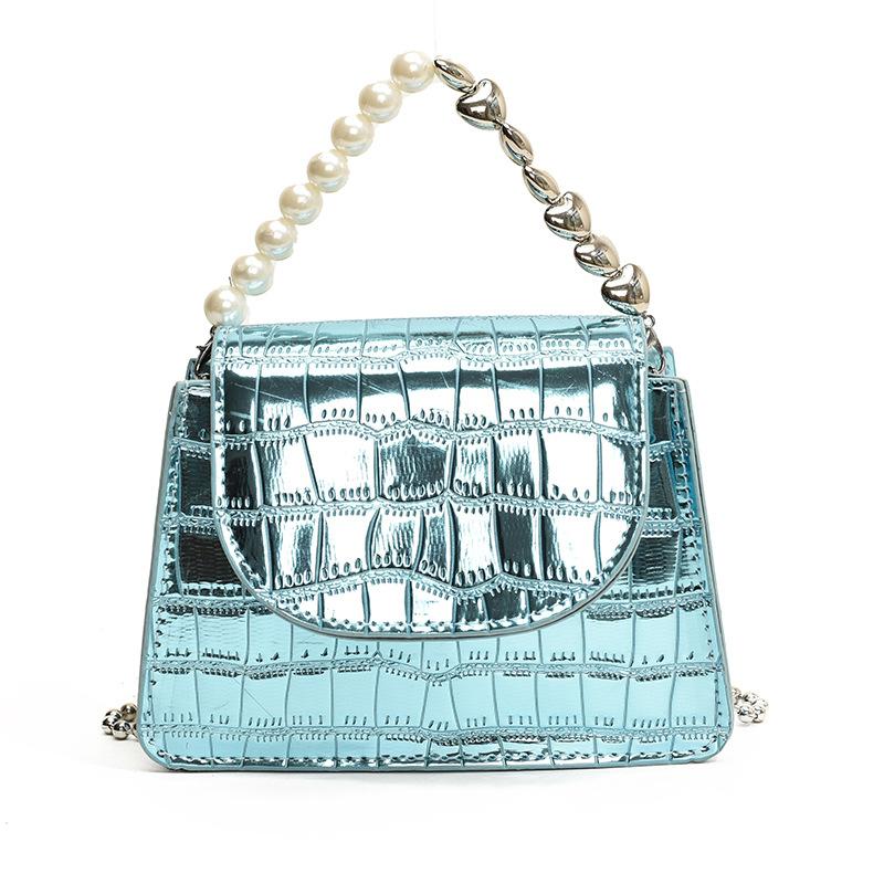

ins wind summer new laser stone pattern chain bag glossy pearl love handbag mini messenger bag bag синій