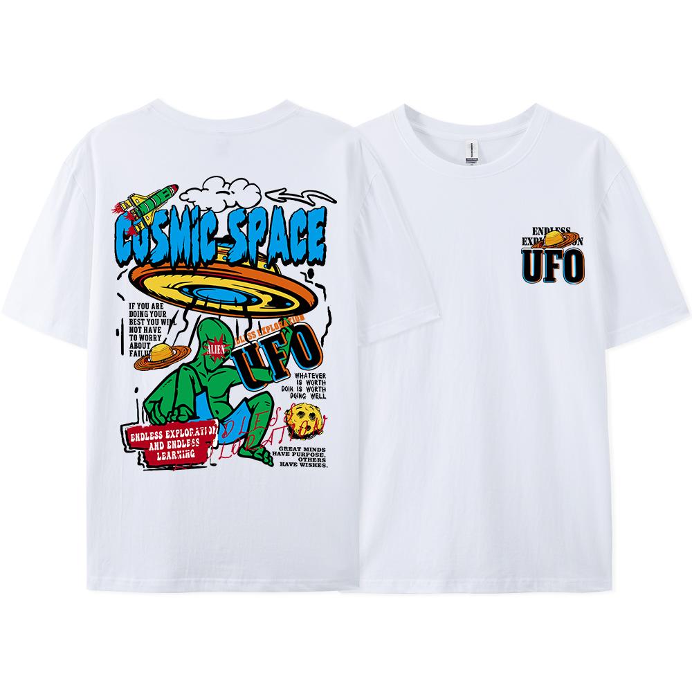 Summer Men's Letter UFO Alien Print Round Neck Short Sleeved Street Casual 100% Pure Cotton Hip-hop Loose T-shirt