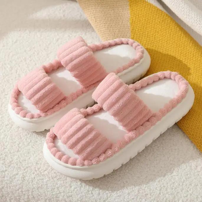 Autumn Winter Corduroy Home Slippers Women Cross Band Thick Soft Sole Slides Platform Shoes female Non Slip Indoor Slippers