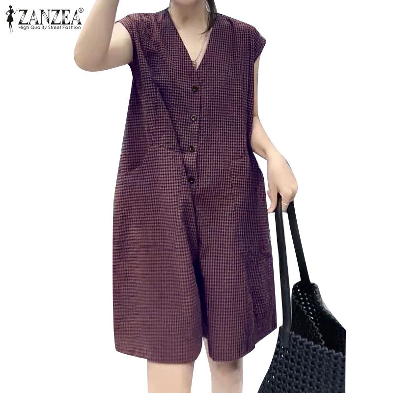 ZANZEA Salopete casual de damă cu mânecă scurtă, cu imprimeu grilă și picior lat