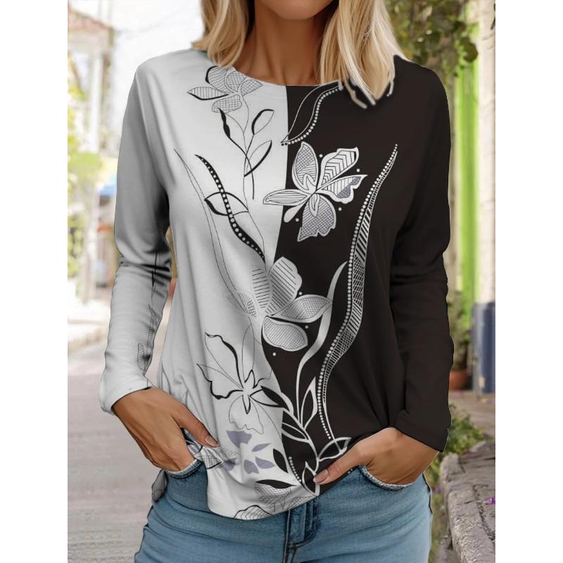 Women's Fashion Retro Tops Long Sleeve Round Neck Pullover Casual Long Sleeve T-shirt 3d Printed Lotus Print T-shirt