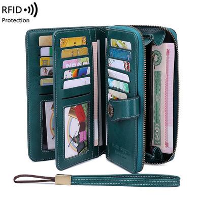 Carteira Longa Vintage com Bloqueio RFID, Zíper e Pulseira, Grande Capacidade, Porta-Cartões Múltiplos