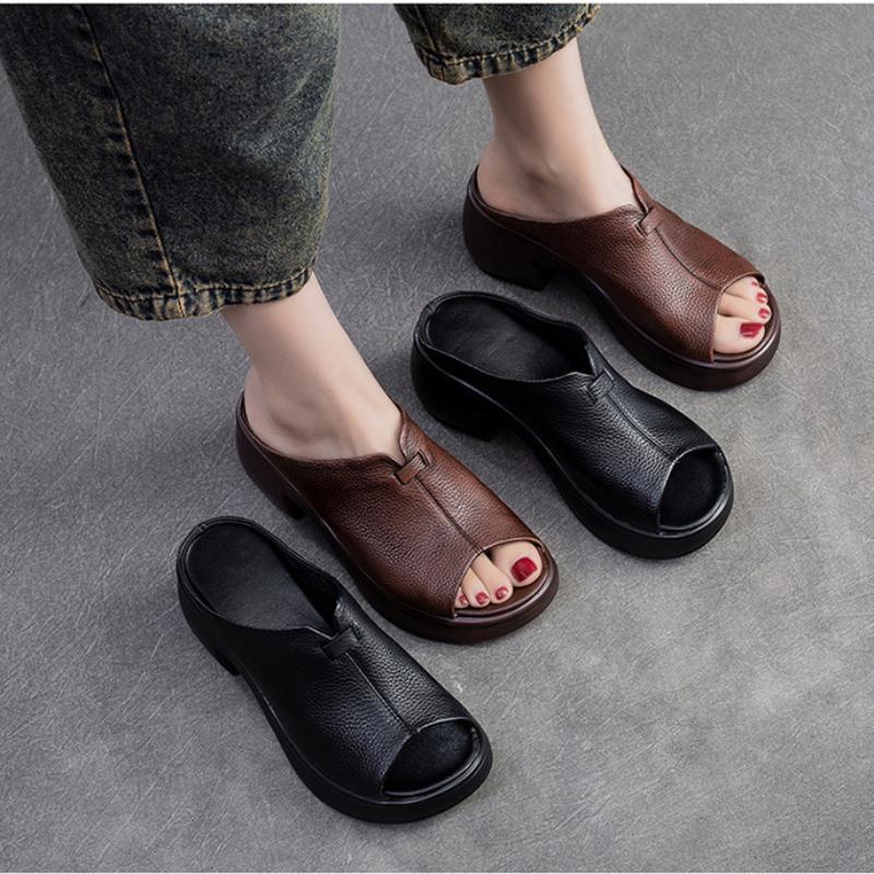 Johnature Pantoufles à bout ouvert et semelle épaisse en cuir véritable, sandales rétro, chaussures confortables et décontractées pour femmes