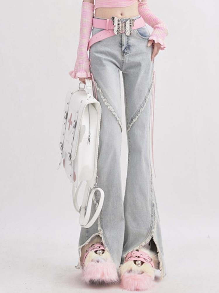 Letní Džínové Vintage Sladké Kalhoty Ženy Slim Šněrovací Korejské Ležérní Zvonové Kalhoty Dámské Japonské Francouzské Elegantní Rozparek Džíny Nové