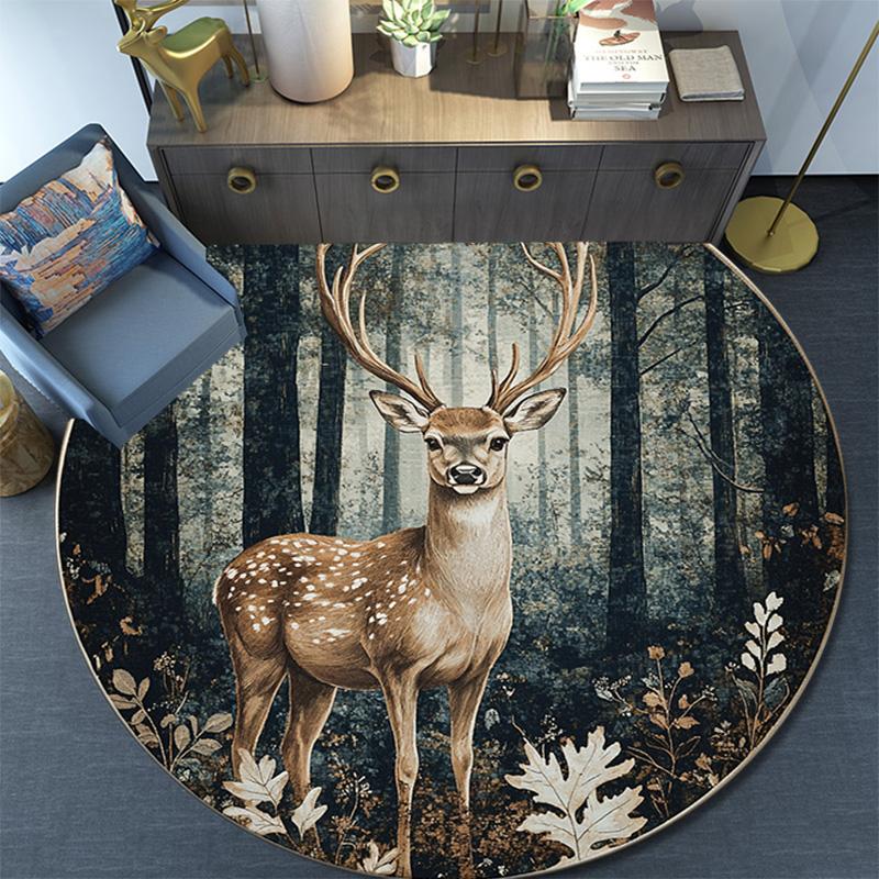 Elk Round Area Rug,Carpet Rug for Living Room Bedroom Sofa Playroom Decor,Non-slip Floor Mat