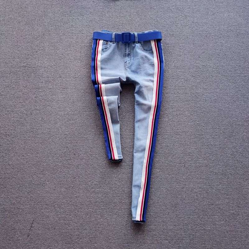 

High Waist Striped Contrast Color Slim Fit Slim Looking Skinny Jeans Fleece-lined blue red white light blue Denim 4XL