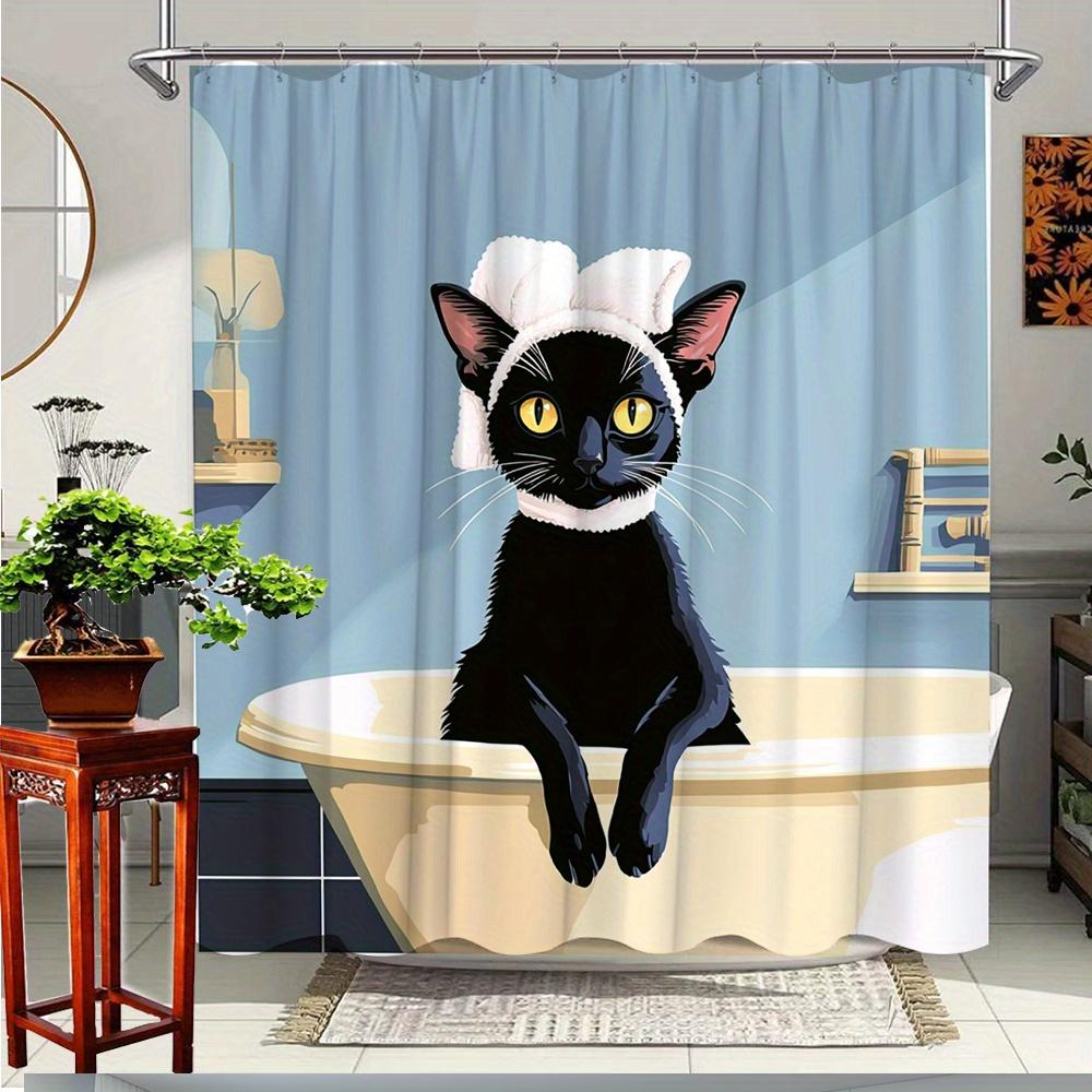 1pc Funny Black Cat Shower Curtain, Cute Cat Illustration, Bath Decor, Polyester Fabric, Bath Tub Divider, Stylish Bathroom Deco