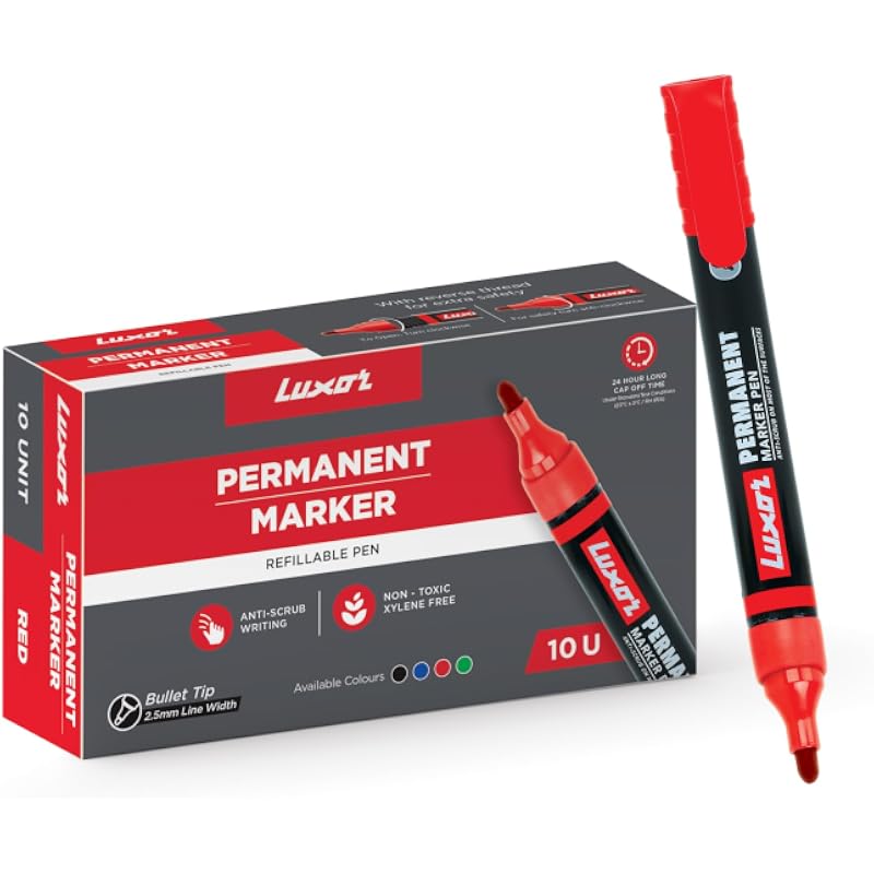 Luxor Refillable Permanent Marker In Vibrant Red, Pack Of 10, Perfect For Bright And Sustainable Writing