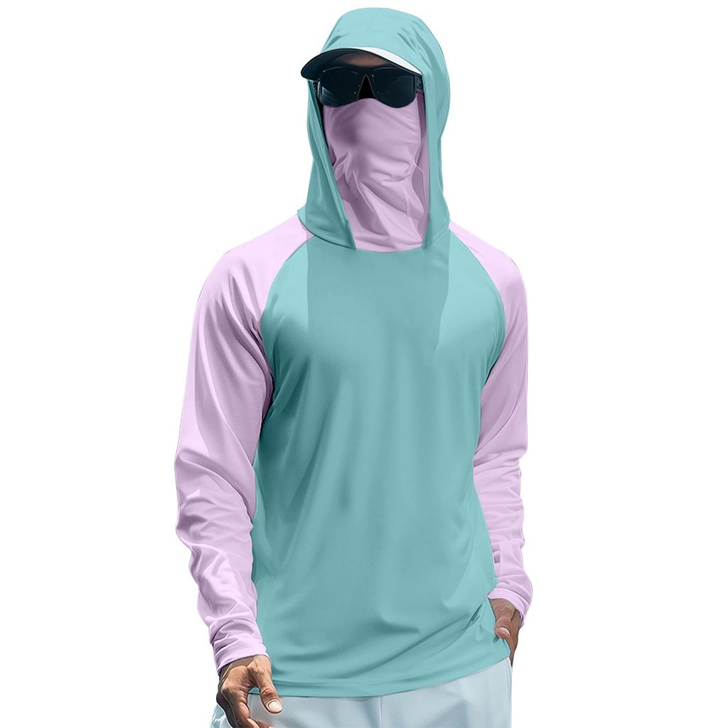 Herren Sommer Farbblock Schnelltrocknendes Langarm-T-Shirt Sonnenschutzkleidung Angeln Fitness Sport Kapuzen-Langarm-Top