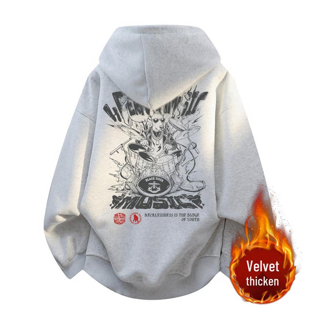 Men's Trendy American-Style Fleece-Lined Winter Hoodie – Thick, Warm, Printed, Loose Fit Jacket