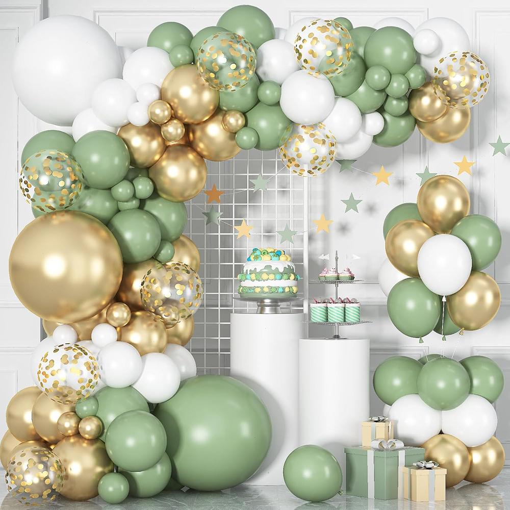 Sage Green Balloons Garland White Gold Confetti Balloon Arch Kit Baby Shower Birthday Party Wedding Graduation Decoration Globos